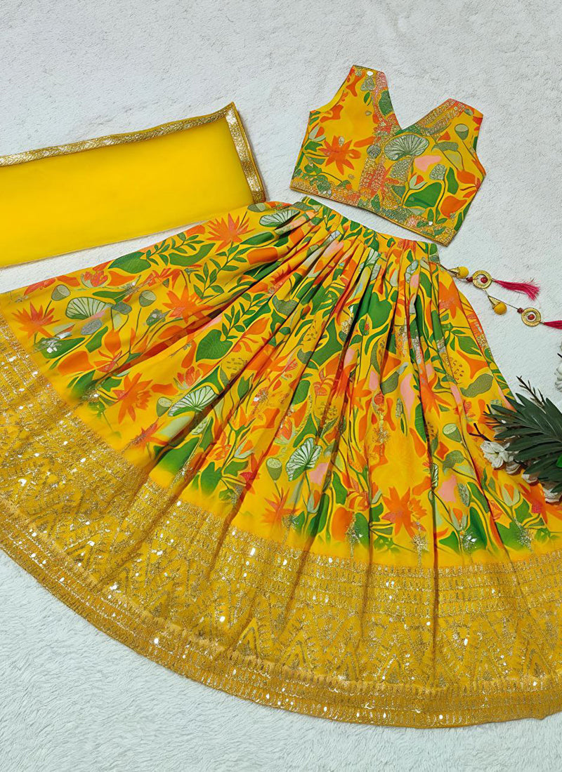 Evanik Yellow Georgette Digital Printed Wedding Kids Lehenga Choli - Dista