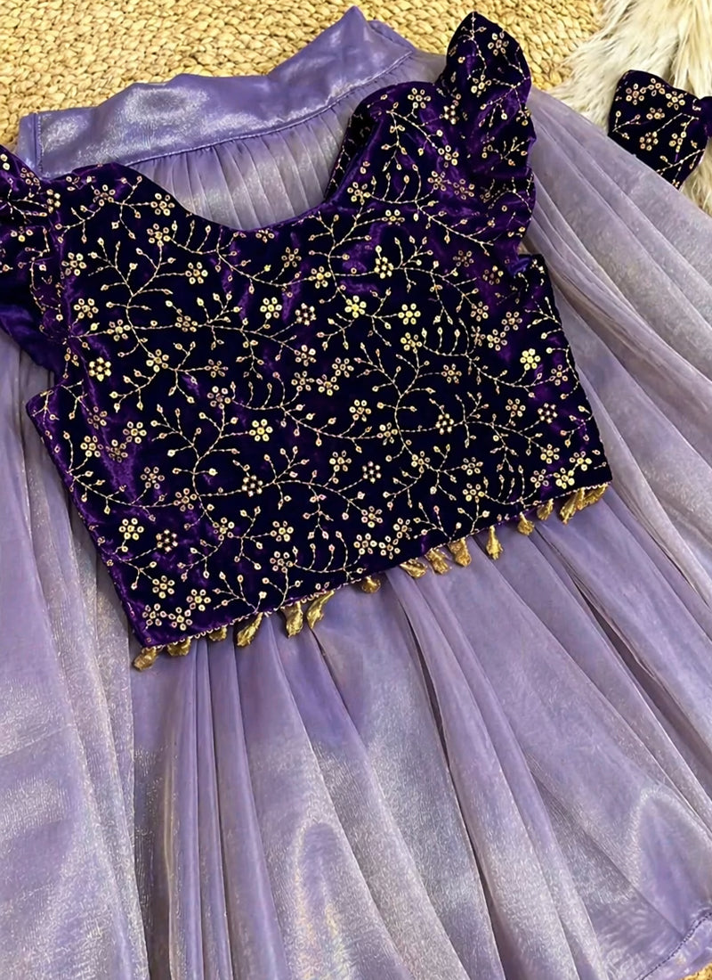 Evanik Purple Premium Micro Velvet Sequence Work Kids Lehenga Choli - Dista