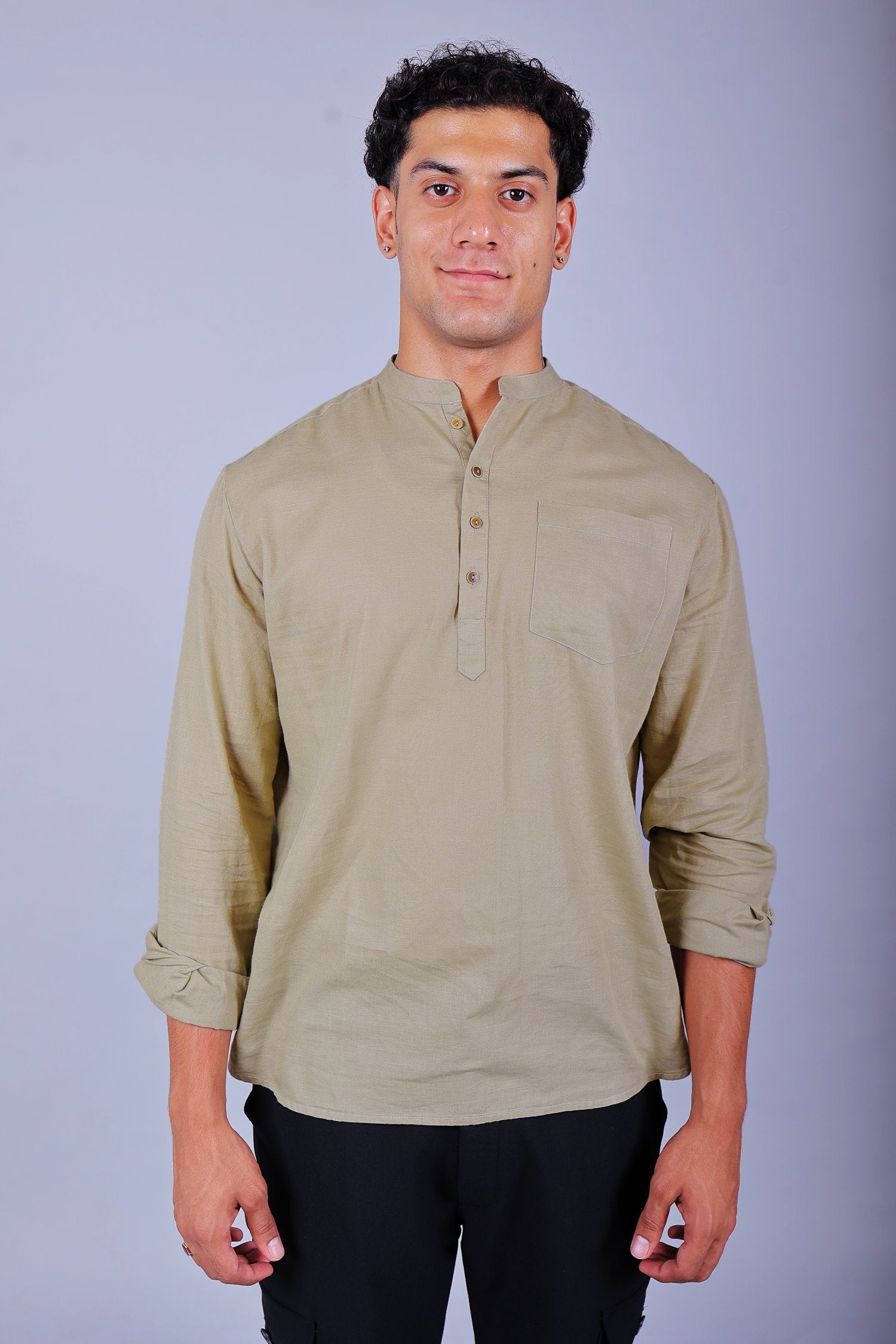 Bluebird Men's Short Kurta in Khaki - 100% Pure Cotton - Distacart