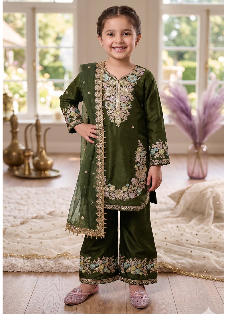 Evanik Green Kids Festival Wear Black Embroidered Silk Kurta Palazzo Set - Dista