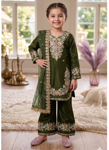 Evanik Green Kids Festival Wear Black Embroidered Silk Kurta Palazzo Set - Dista