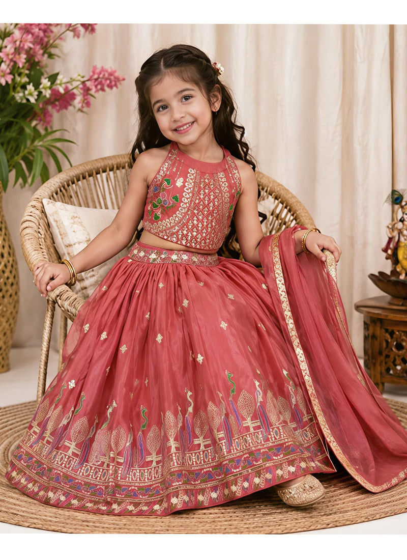 Evanik Kids Girls Pink Embroidered Silk Lehenga Choli Set with Dupatta - Dista