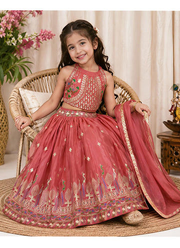Evanik Kids Girls Pink Embroidered Silk Lehenga Choli Set with Dupatta - Dista