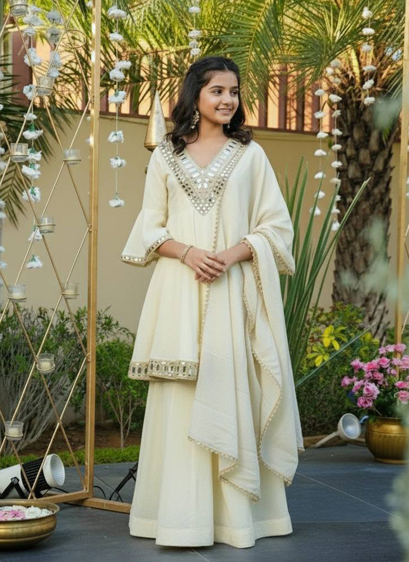 Evanik Beige Heavy Cosmos Zari Silk Real Mirror Work Kids Sharara Set - Distacart