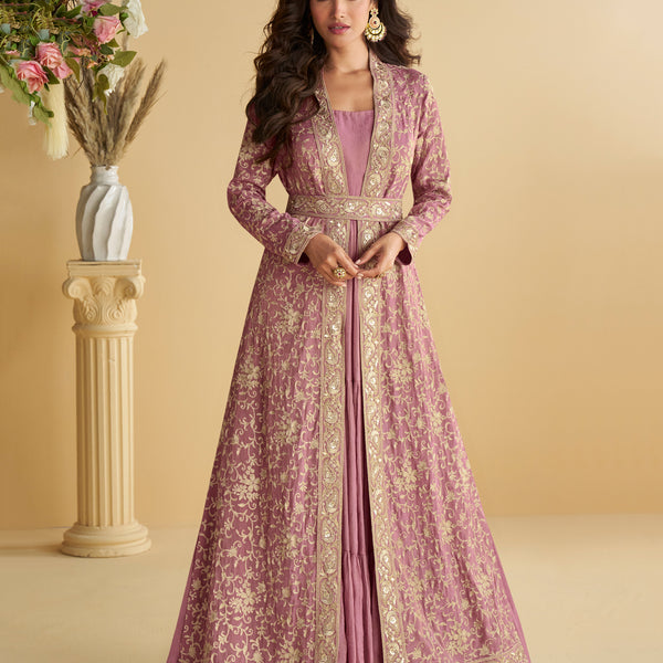 Evanik Pink Chinon Silk With Embroidered Work Gown With Shrug & Belt - Distacart
