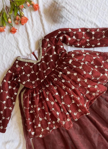 Evanik Maroon Embroidered Work Kids Twill Net Lehenga Choli Set - Dista