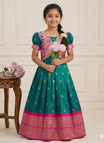 Evanik Blue Soft Paithani Silk Zari Weaving Pavadai For Kids Gown & Koti - Dista
