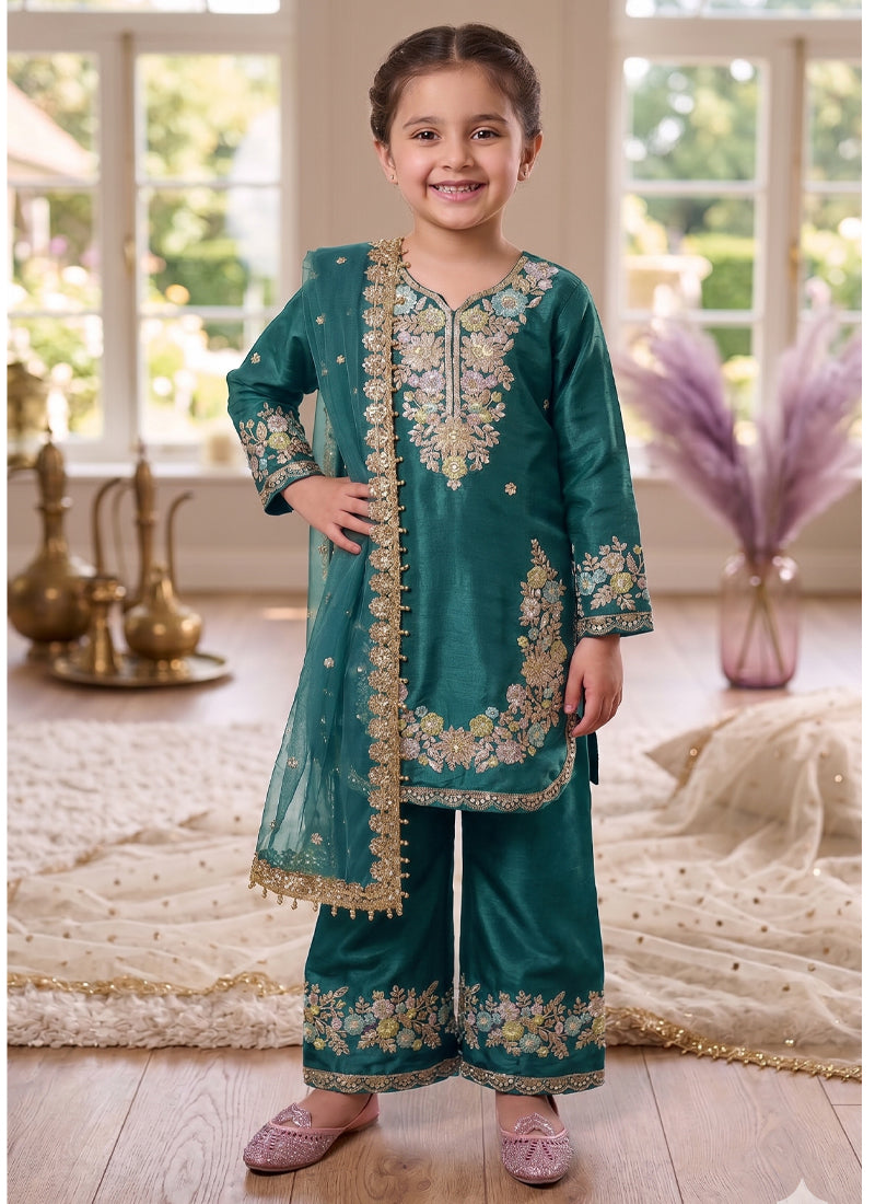 Evanik Turquoise Kids Festival Wear Black Embroidered Silk Kurta Palazzo Set - Dista
