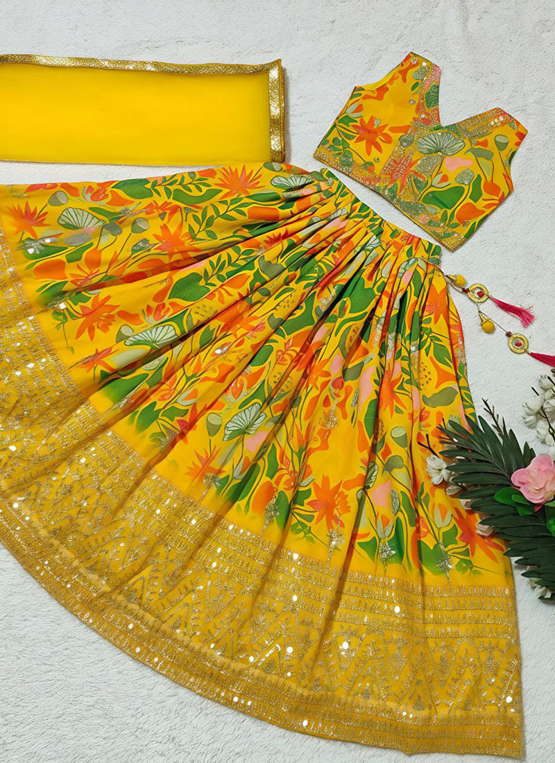 Evanik Yellow Georgette Digital Printed Wedding Kids Lehenga Choli - Dista