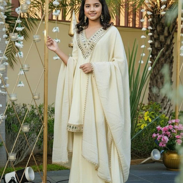 Evanik Beige Heavy Cosmos Zari Silk Real Mirror Work Kids Sharara Set - Distacart