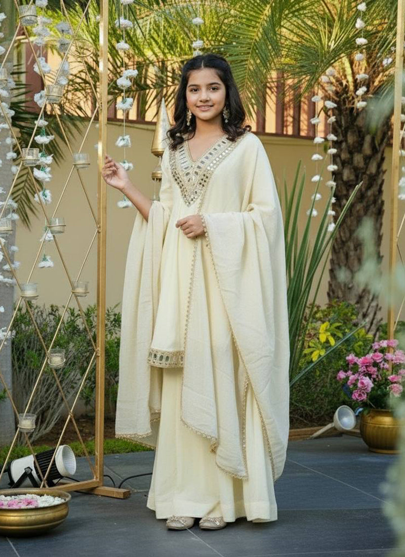 Evanik Beige Heavy Cosmos Zari Silk Real Mirror Work Kids Sharara Set - Distacart
