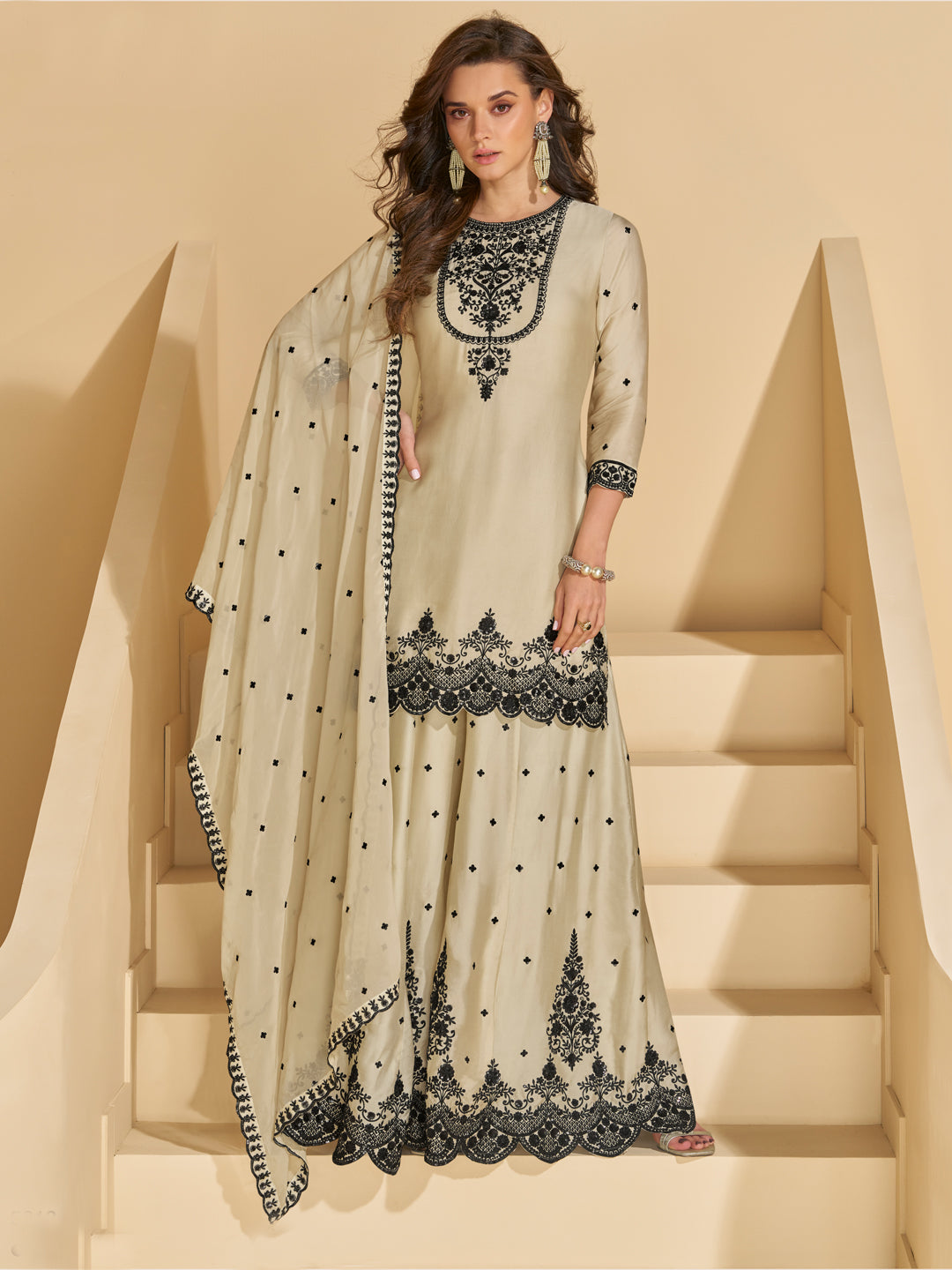 Evanik Off White Chiffon with Embroidery Sequence, Thread Work Palazzo Set