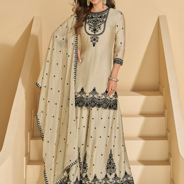 Evanik Off White Chiffon with Embroidery Sequence, Thread Work Palazzo Set