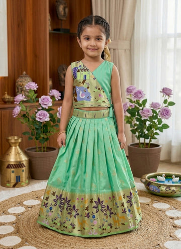 Evanik Green Soft Silk Paithani Design Zari Weaving Pavadai Lehenga Choli For Kids - Dista