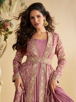 Thumbnail for Evanik Pink Chinon Silk With Embroidered Work Gown With Shrug & Belt - Distacart
