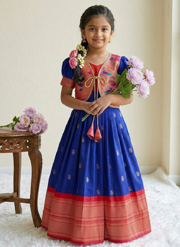 Evanik Blue Soft Paithani Silk Zari Weaving Pavadai For Kids Gown & Koti - Dista
