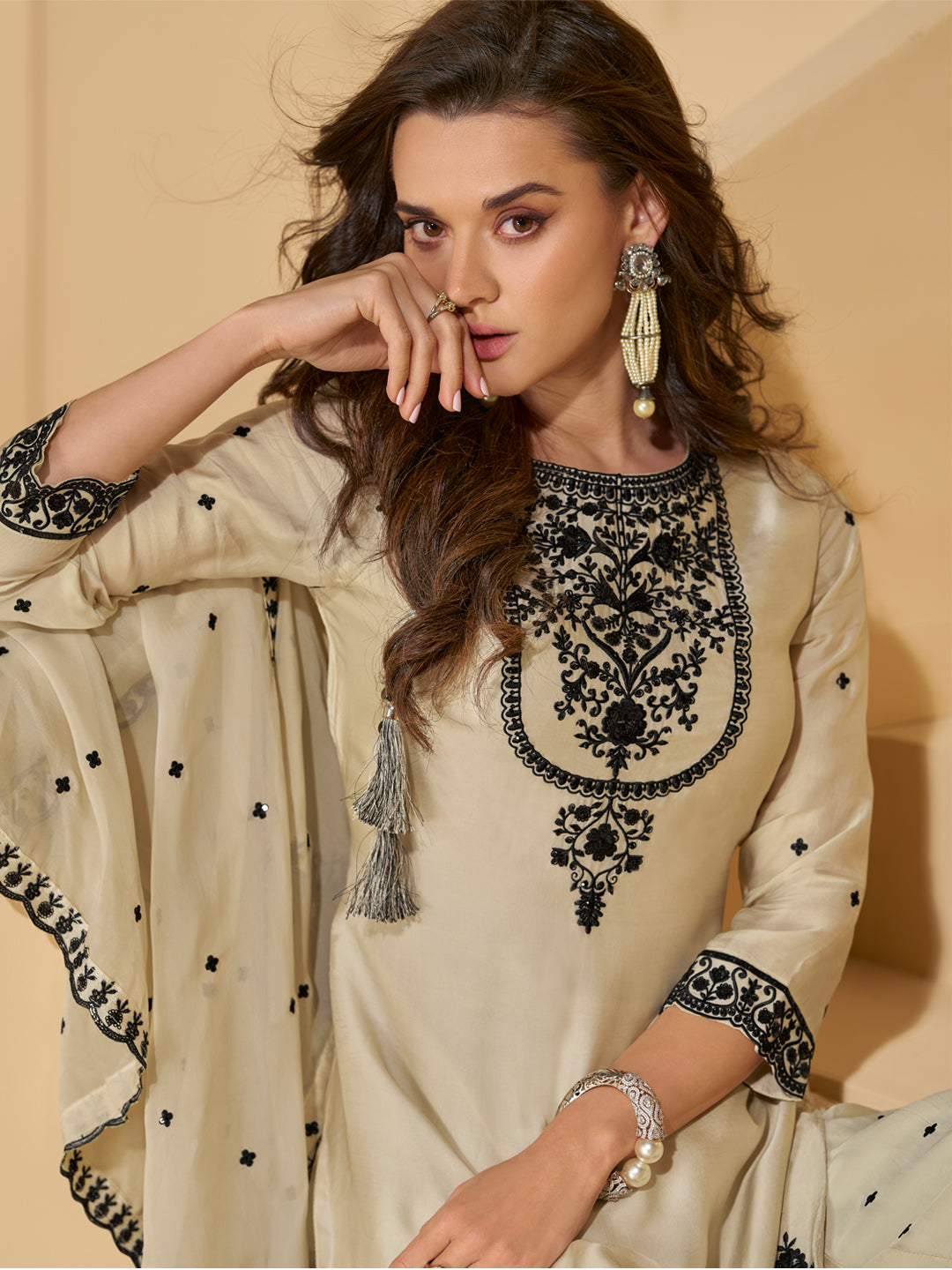 Evanik Off White Chiffon with Embroidery Sequence, Thread Work Palazzo Set