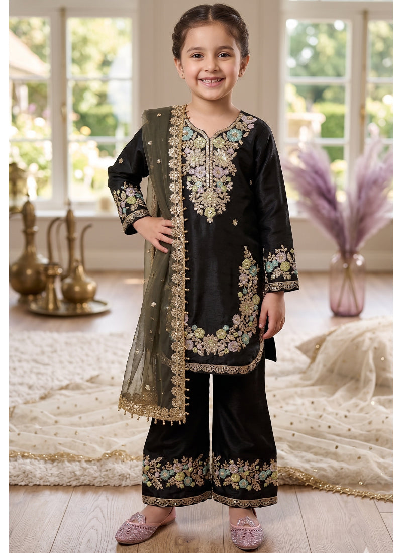 Evanik Black Kids Festival Wear Black Embroidered Silk Kurta Palazzo Set - Dista