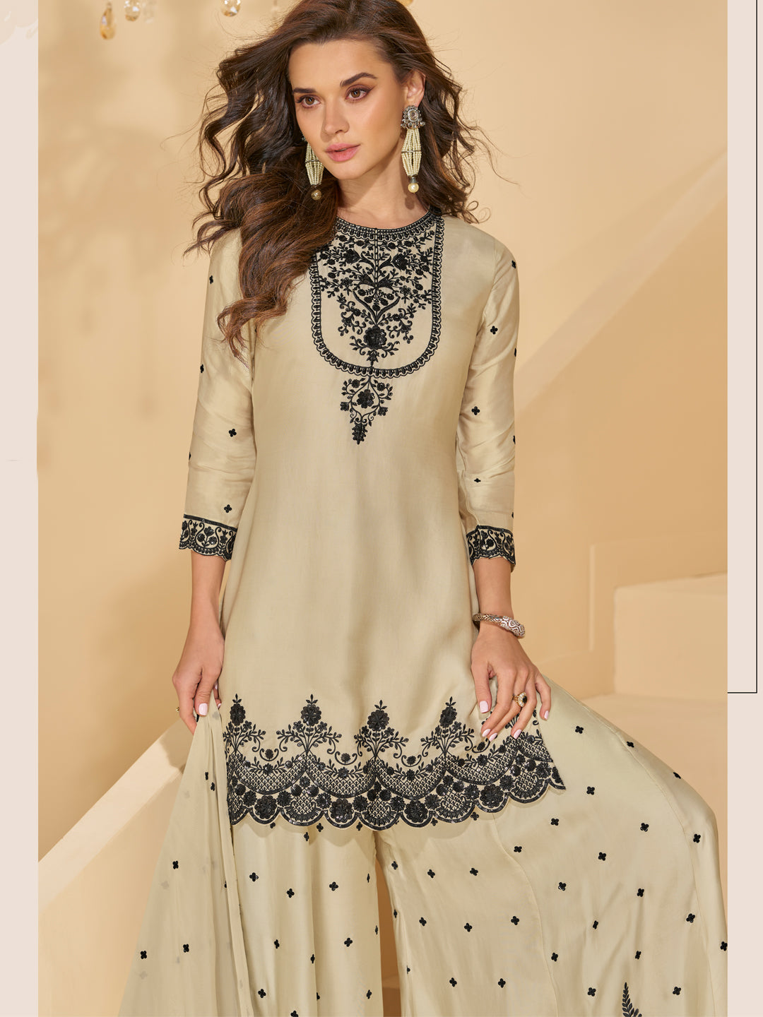 Evanik Off White Chiffon with Embroidery Sequence, Thread Work Palazzo Set