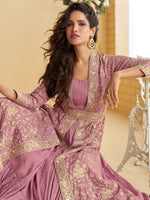 Thumbnail for Evanik Pink Chinon Silk With Embroidered Work Gown With Shrug & Belt - Distacart