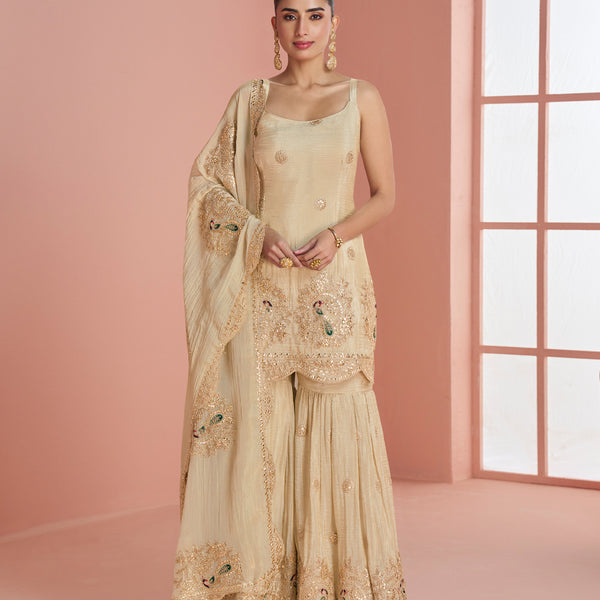 Evanik Cream Cosmos with Coding Sequence With thread Work Palazzo Set - Distacart