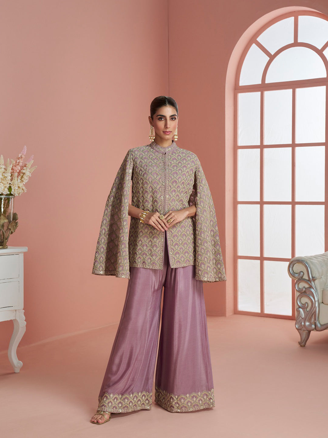 Evanik Women Mauve & Gold Printed Cape Style Kurta With Flared Palazzo Pants - Distacart