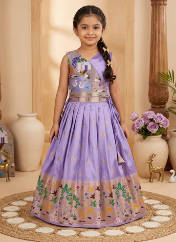 Evanik Purple Soft Silk Paithani Design Zari Weaving Pavadai Lehenga Choli For Kids - Dista