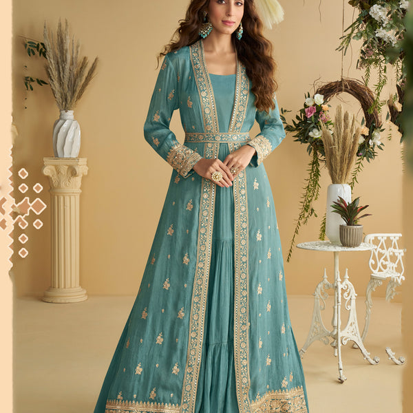 Evanik Teal Chinon Silk With Embroidered Work Gown With Shrug & Belt - Distacart