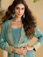 Thumbnail for Evanik Teal Chinon Silk With Embroidered Work Gown With Shrug & Belt - Distacart