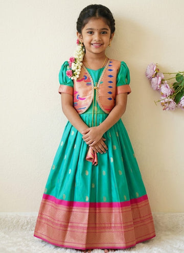 Evanik Turquoise Soft Paithani Silk Zari Weaving Pavadai For Kids Gown & Koti - Dista