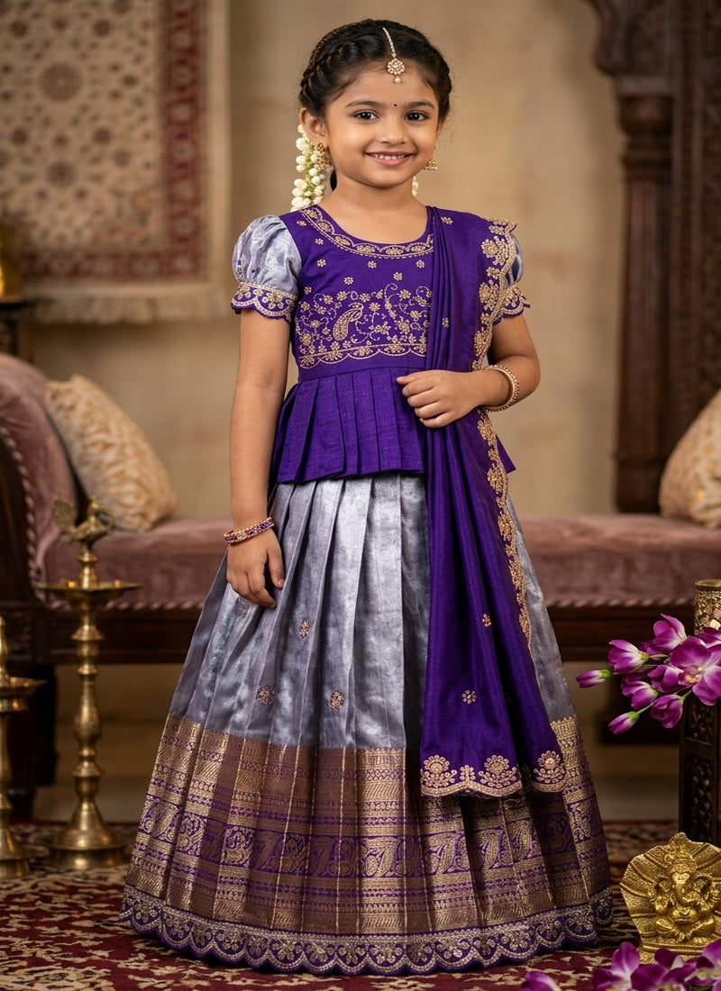 Evanik Kids Purple Simmer Silk Zari Weaving Pavadai Lehenga Choli Set - Dista