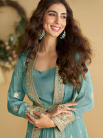 Thumbnail for Evanik Teal Chinon Silk With Embroidered Work Gown With Shrug & Belt - Distacart