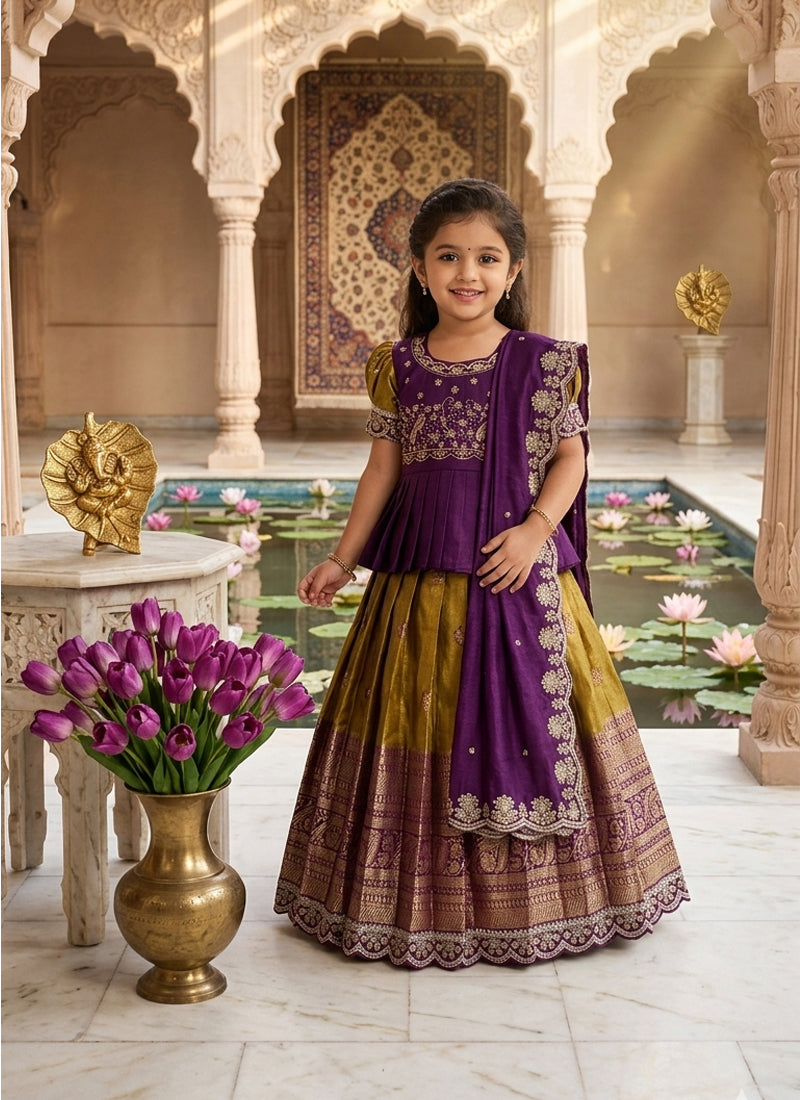 Evanik Kids Mustard Simmer Silk Zari Weaving Pavadai Lehenga Choli Set - Dista