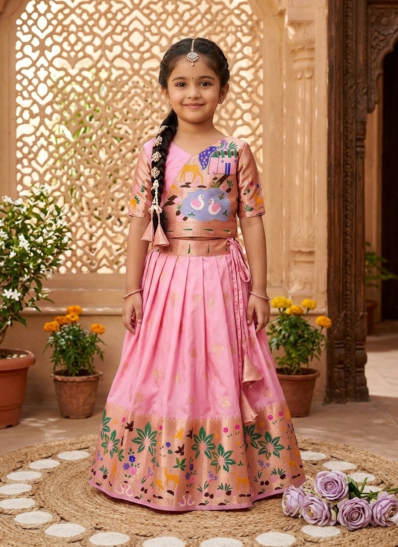 Evanik Pink Soft Silk Paithani Design Zari Weaving Pavadai Lehenga Choli For Kids - Dista