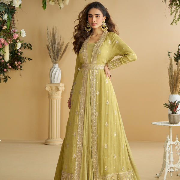 Evanik Perrot Chinon Silk With Embroidered Work Gown With Shrug & Belt - Distacart