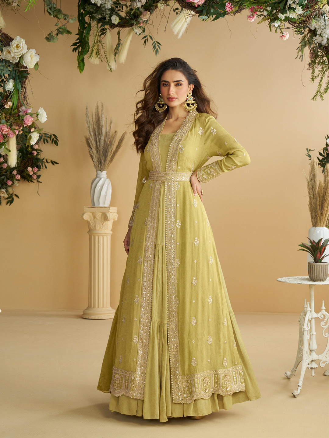 Evanik Perrot Chinon Silk With Embroidered Work Gown With Shrug & Belt - Distacart