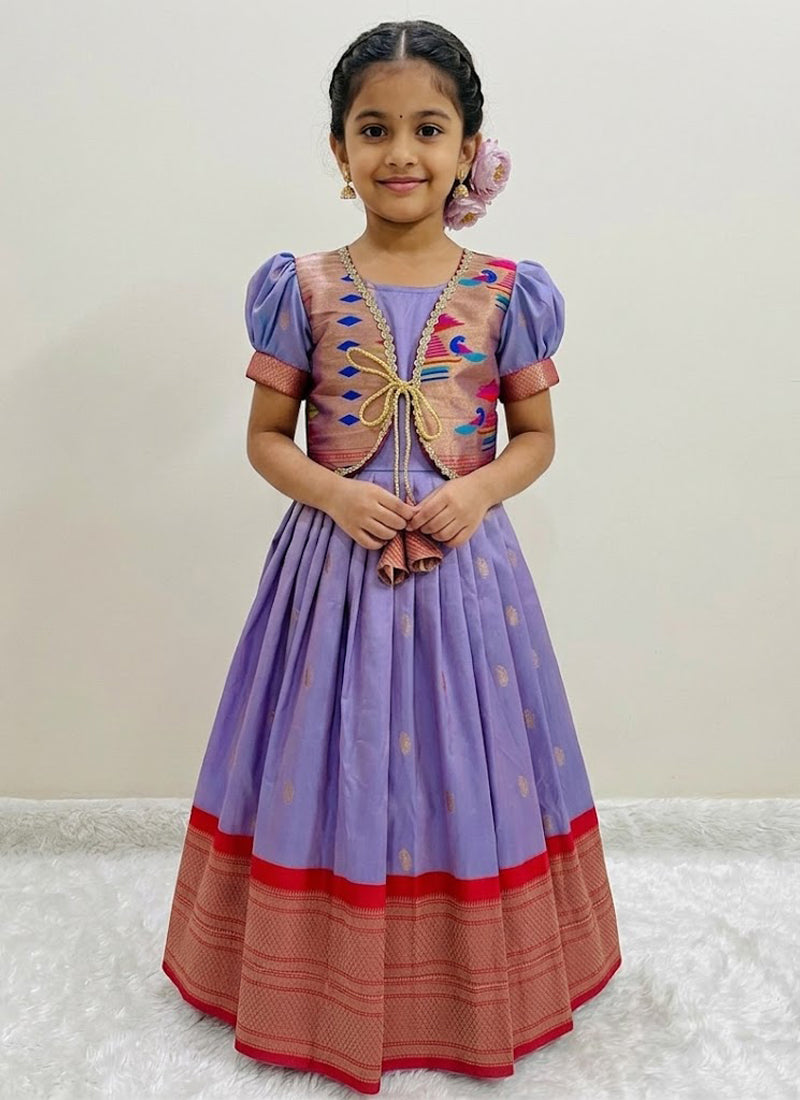 Evanik Purple Soft Paithani Silk Zari Weaving Pavadai For Kids Gown & Koti - Dista