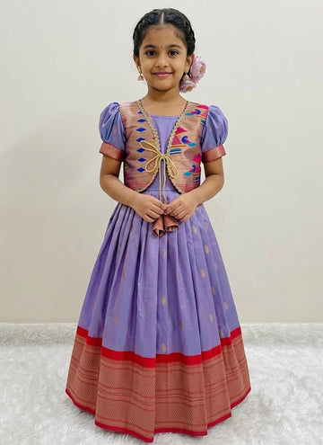 Evanik Purple Soft Paithani Silk Zari Weaving Pavadai For Kids Gown & Koti - Dista