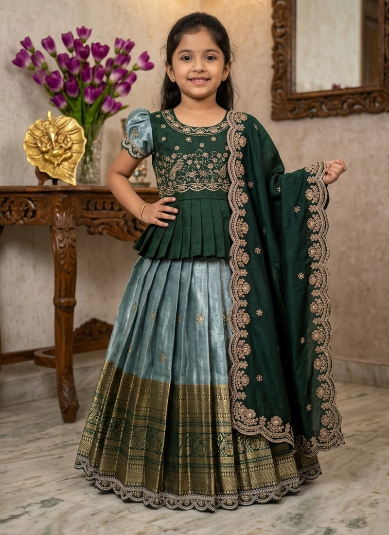 Evanik Kids Seagreen Simmer Silk Zari Weaving Pavadai Lehenga Choli Set - Dista