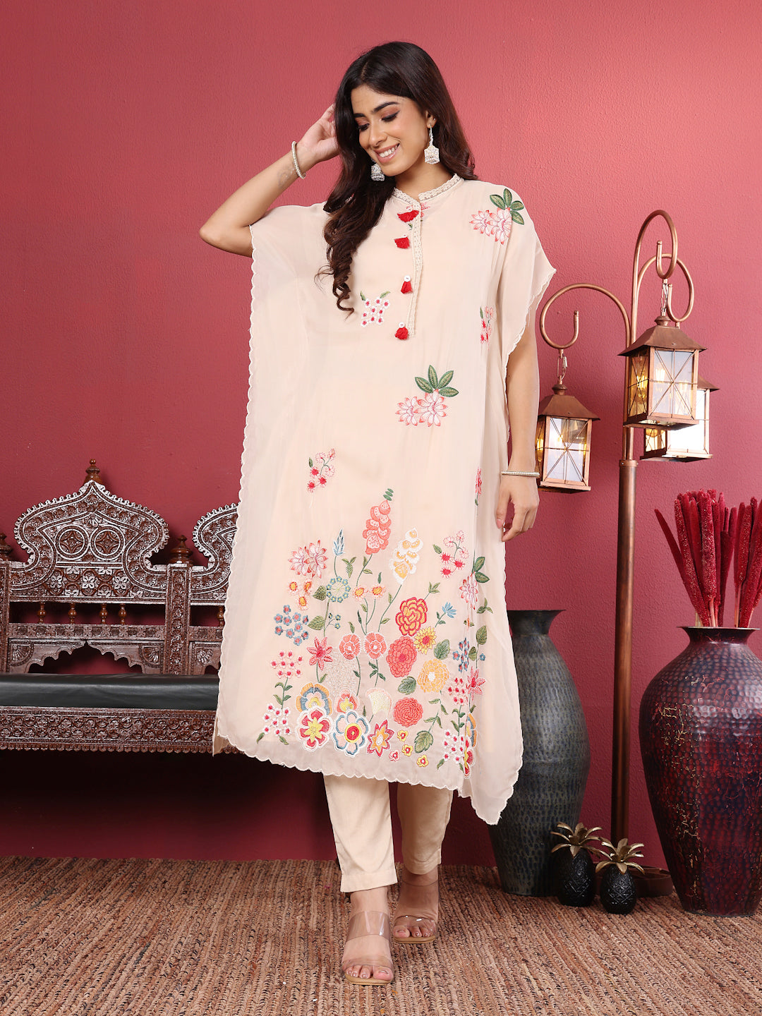 Varanga Women Floral Thread Embroidered Kaftan With Tonal Bottom - Distacart