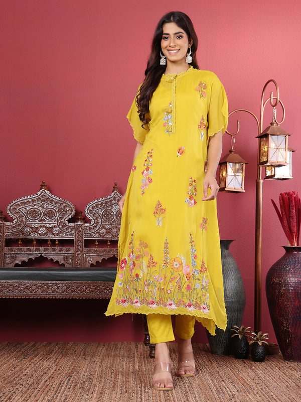 Varanga Women Floral Thread Embroidered Silk Kaftan With Tonal Bottom - Distacart