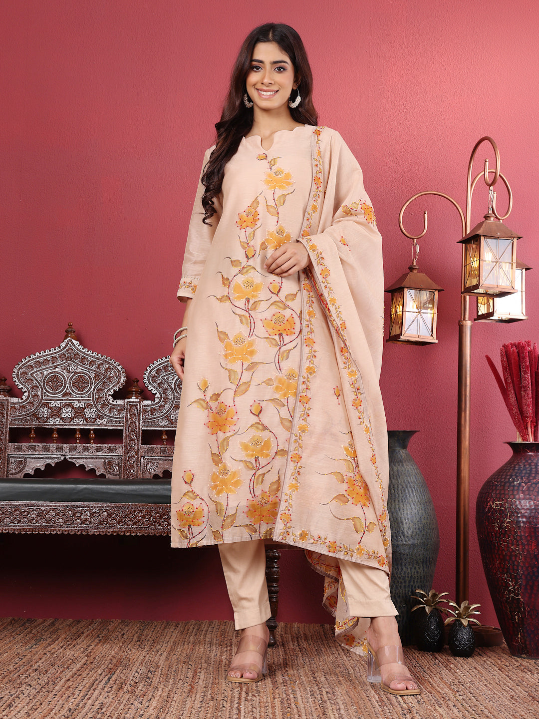 Varanga Women Beige Pure Hand Kantha Embroidered Kurta Set With Dupatta - Distacart