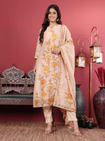 Thumbnail for Varanga Women Beige Pure Hand Kantha Embroidered Kurta Set With Dupatta - Distacart