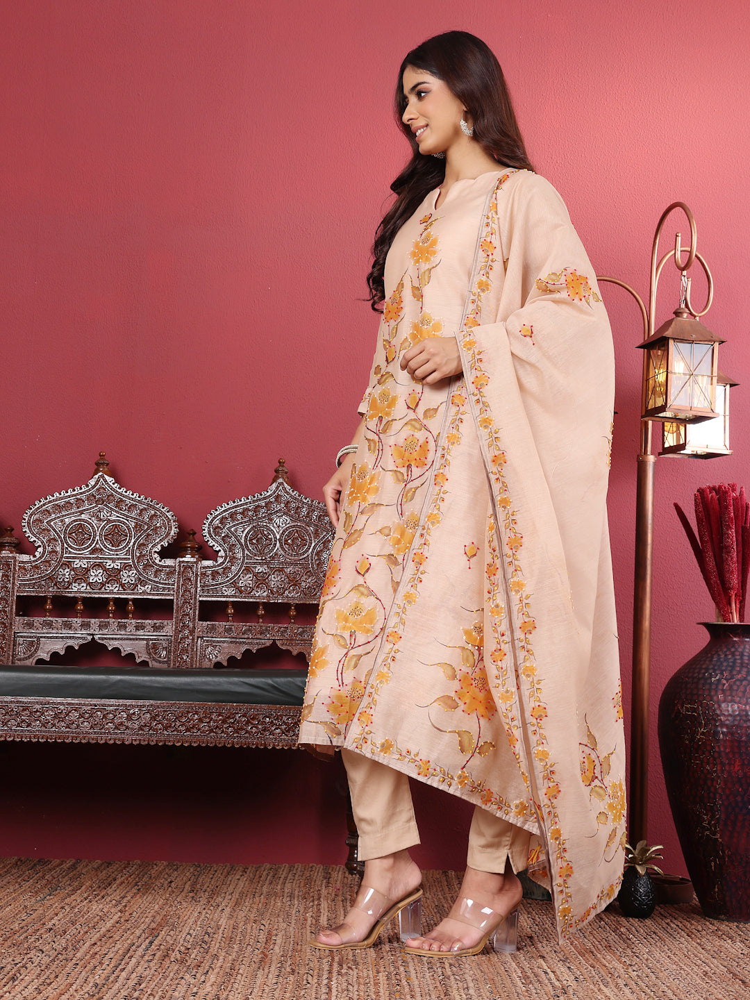 Varanga Women Beige Pure Hand Kantha Embroidered Kurta Set With Dupatta - Distacart