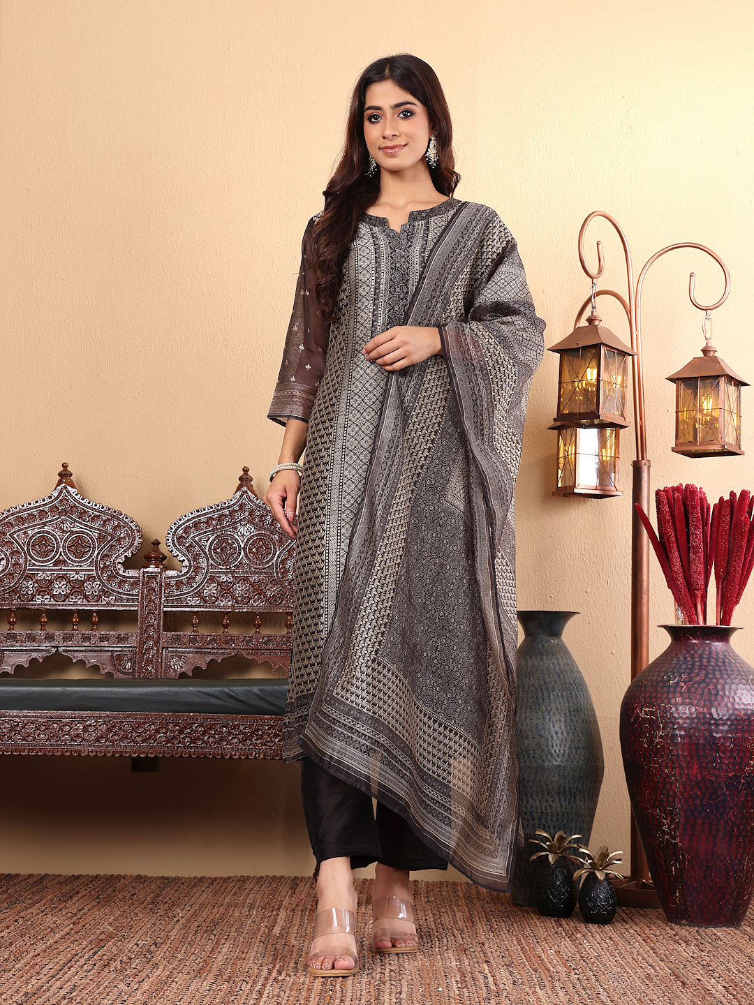 Varanga Women Chanderi Silk Geometric Printed Kurta Paired With Bottom And Dupatta - Distacart