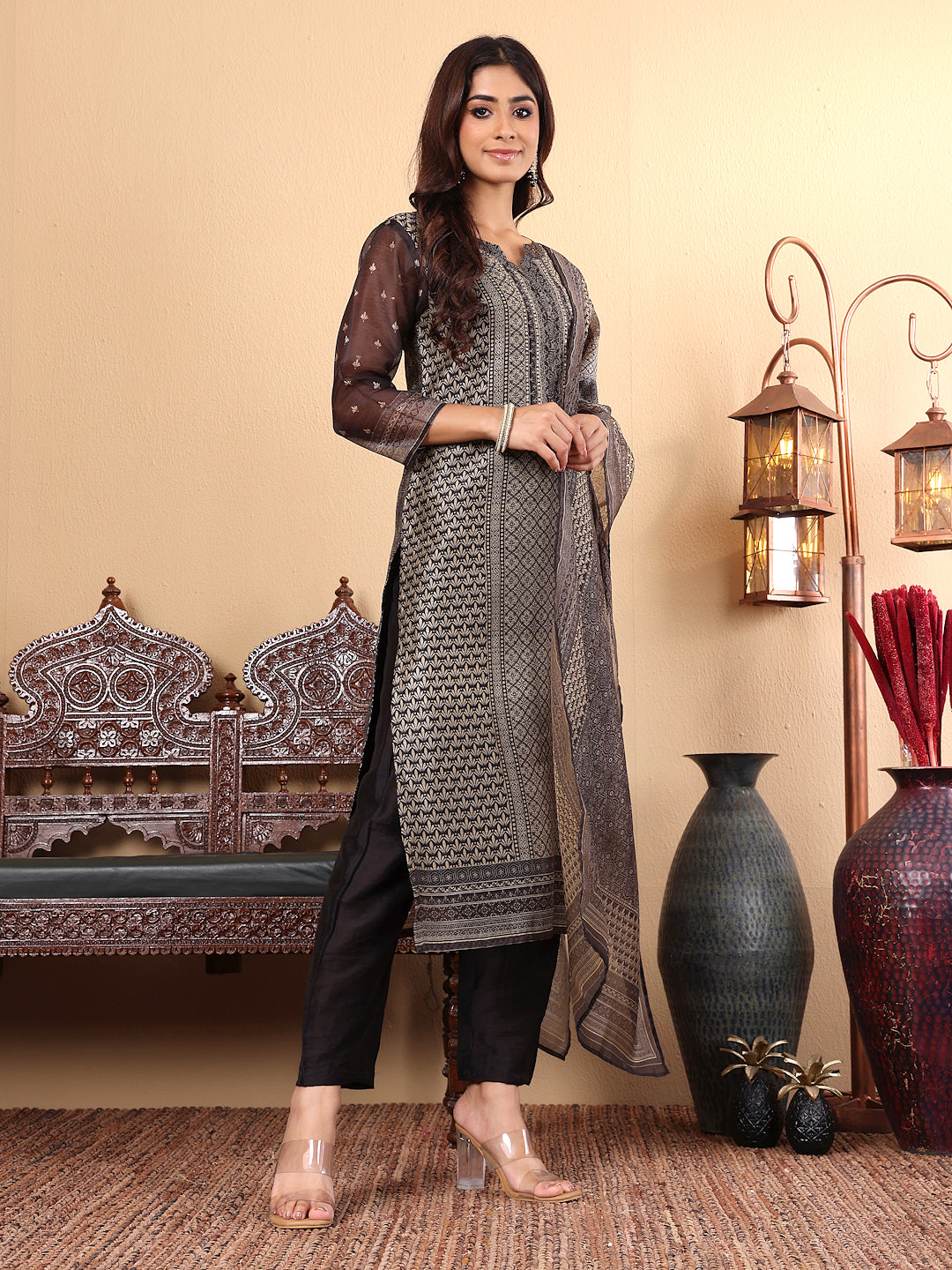 Varanga Women Chanderi Silk Geometric Printed Kurta Paired With Bottom And Dupatta - Distacart