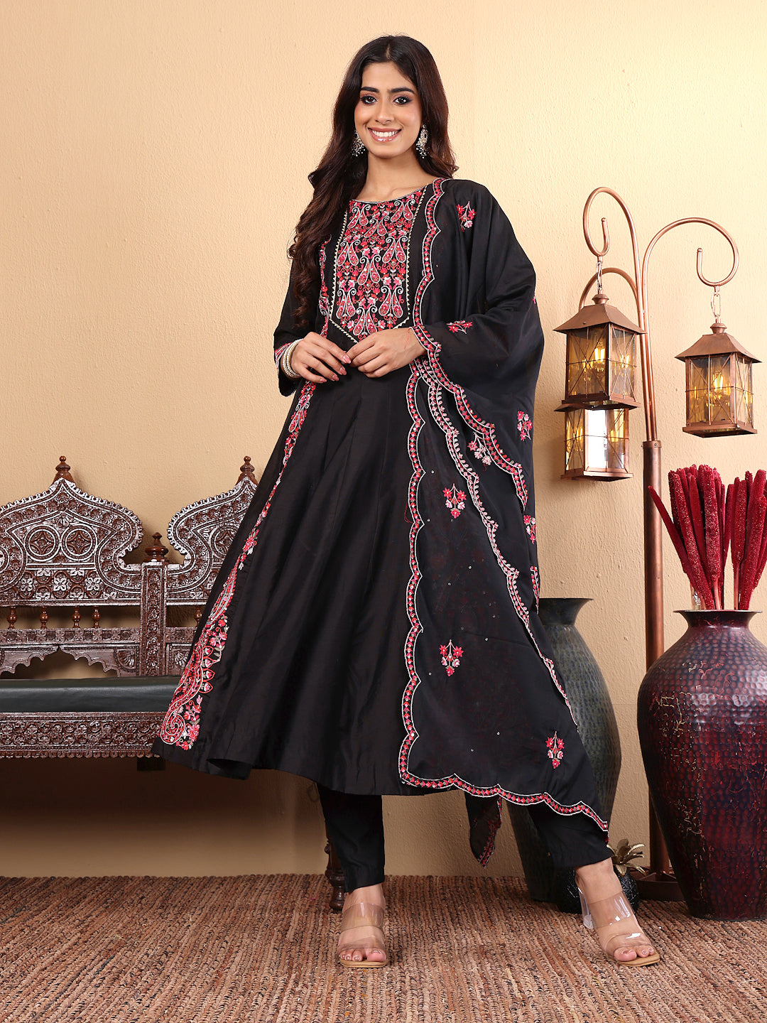 Varanga Women Pure Black Hand Embroidered Kurta Set With Dupatta - Distacart