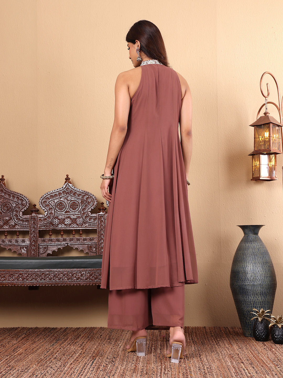 Varanga Women Nude Yoke Embroidered Sleeveless Flared Kurta With Trousers - Distacart