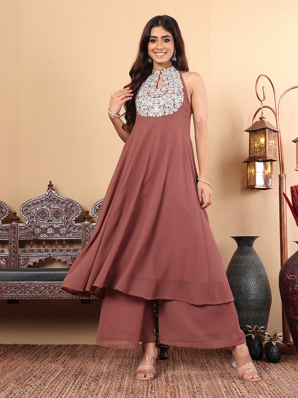Varanga Women Nude Yoke Embroidered Sleeveless Flared Kurta With Trousers - Distacart