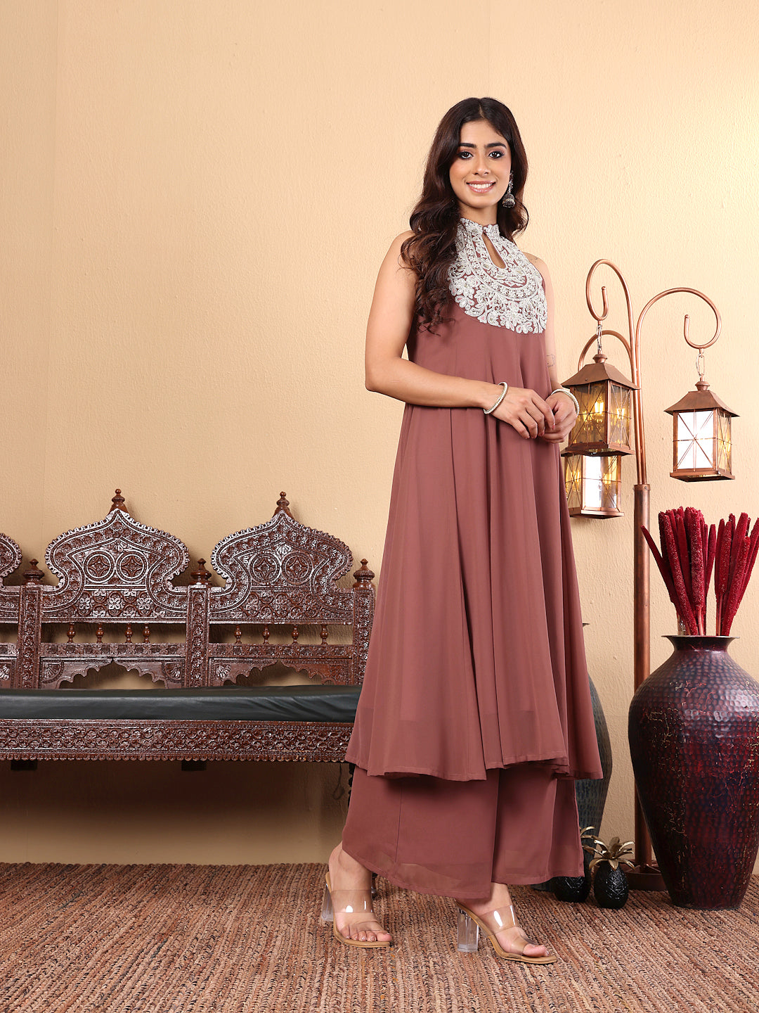 Varanga Women Nude Yoke Embroidered Sleeveless Flared Kurta With Trousers - Distacart
